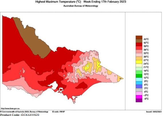 Maximum temperature plots for Victoria Week ending Saturday 18 February 2023.