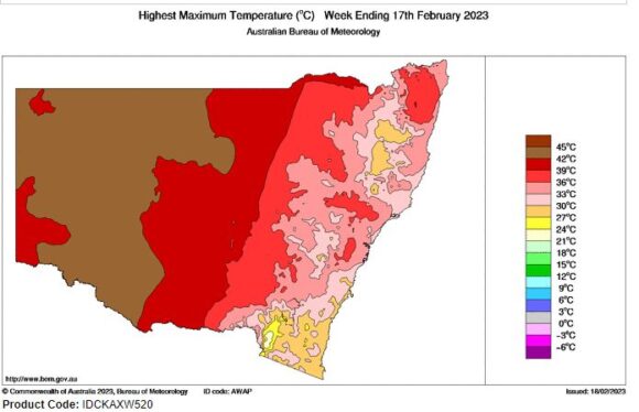 Maximum temperature plots for NSW Week ending Saturday 18 February 2023.
