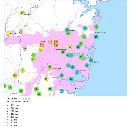 Weekly rainfall plot for Sydney ending Saturday 11 February 2023