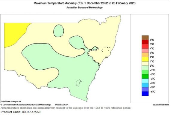 Maximum temperature anomaly for NSW - Summer 2022/2023 Maximum temperature anomaly for NSW - Summer 2022/2023