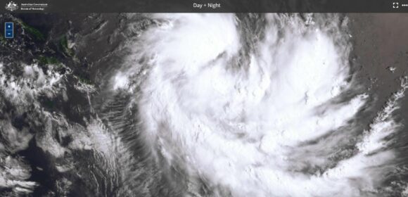 Developing tropical cyclone close to Australian waters Sunday 22 October 2023 from Himawari. Two separate storm systems close to Australian waters Sunday 22 October 2023.