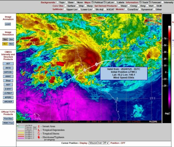 Tropical Cyclone Kirrily makes landfall at Townsville North Queensland Thursday 25 January 2024.