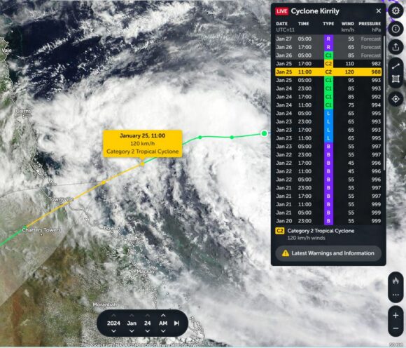 Tropical Cyclone Kirrily makes landfall at Townsville North Queensland Thursday 25 January 2024.