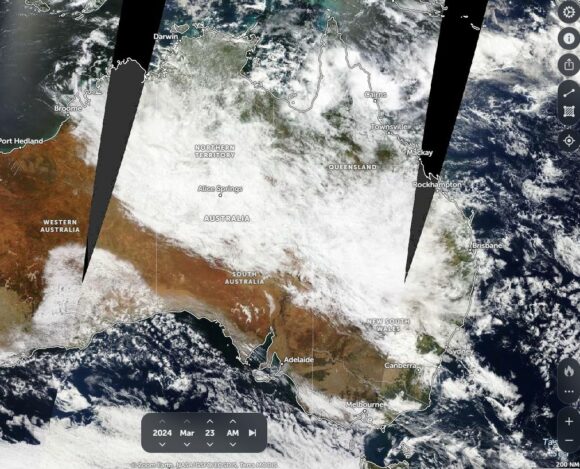 Heavy rainfall drenches inland Australia turning the red centre to the green centre March 21 to March 26 2024.