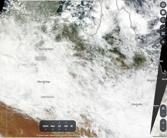 Heavy rainfall drenches inland Australia turning the red centre to the green centre March 21 to March 26 2024.