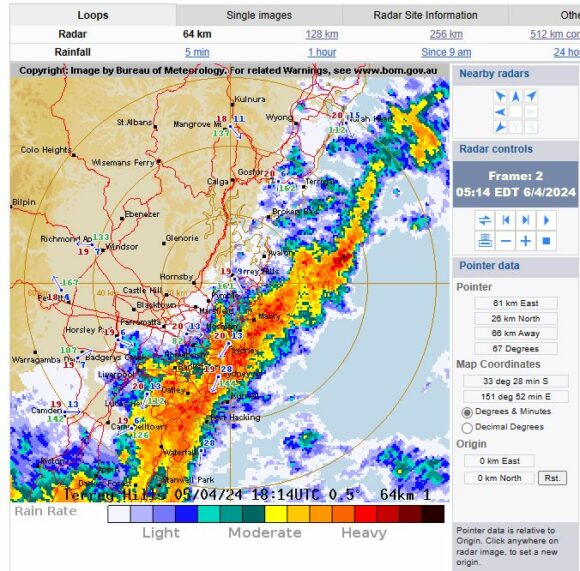 Heavy rain and flood event Sydney and Wollongong 5 and 6 April 2024.